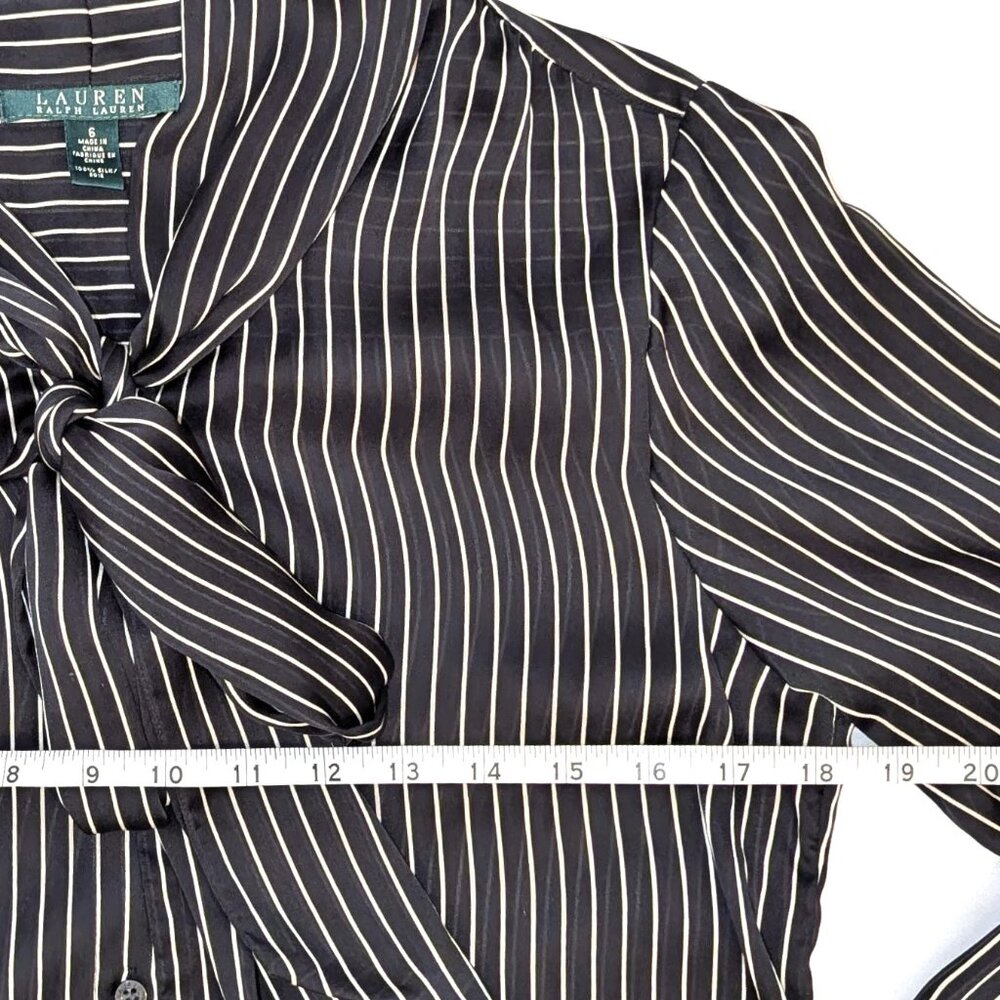 LAUREN Ralph Lauren | 100% Silk Striped Button Down Blouse with Bow | Size 6 - Picture 9 of 12
